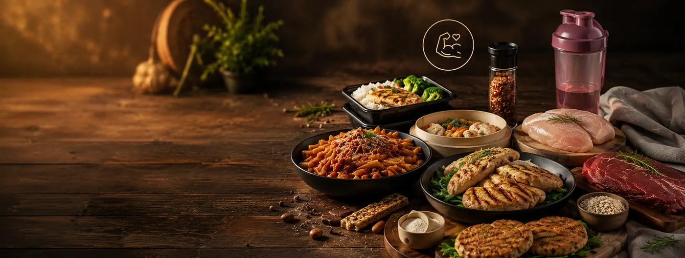 Kerrigans Foods for Fitness spread of high-protein prepared meals, grilled chicken, raw meats and a protein shaker