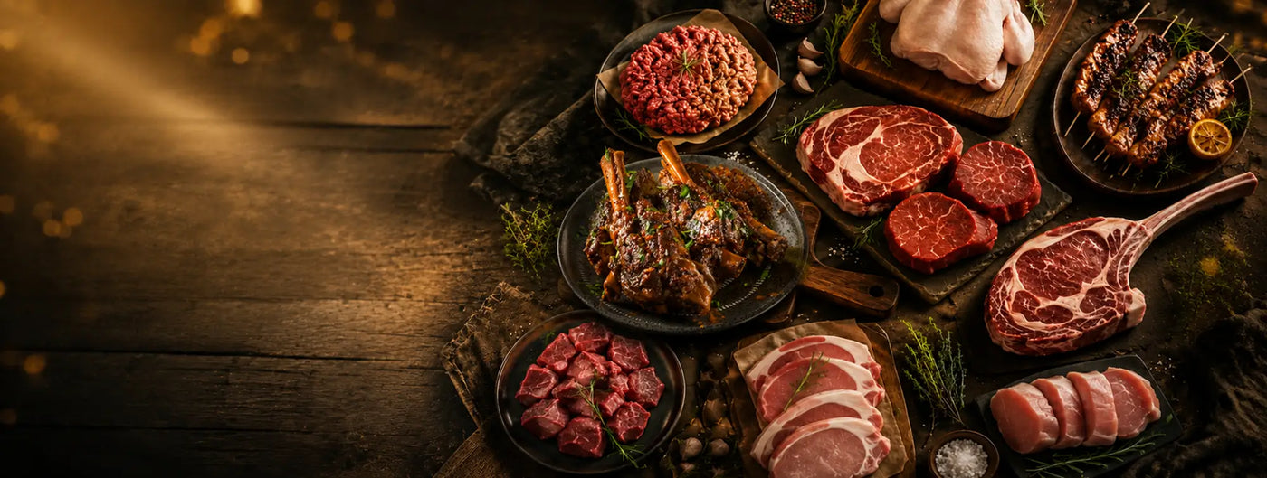 Kerrigans selection of premium Irish meat cuts including beef steaks, tomahawk, lamb shanks, pork chops and mince