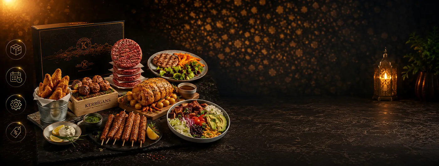 Kerrigans subscription box with beef burger patties, kebab skewers, porchetta, goujons and hand-prepared meals